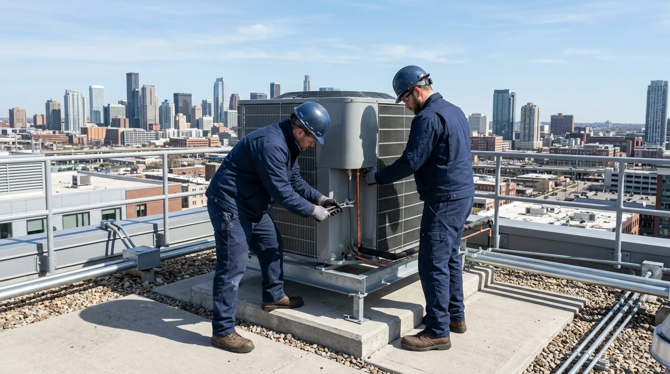 Tehnicieni TechCare instalând o unitate exterioară de climatizare pe acoperișul unei clădiri