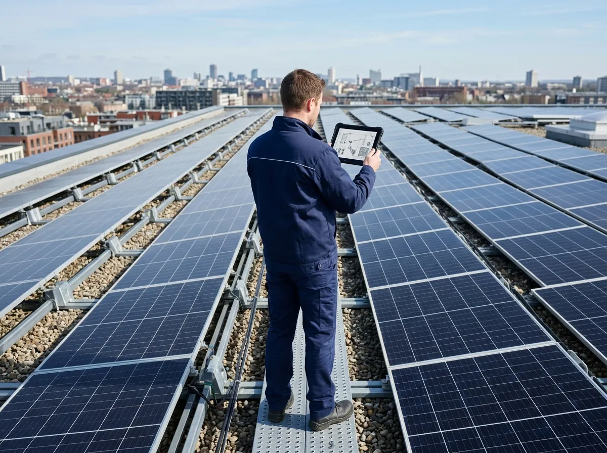 Inginer TechCare verificând pe tabletă o instalație fotovoltaică montată pe acoperiș